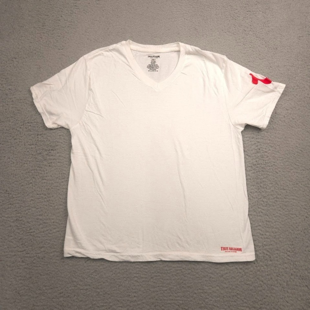 True Religion V Neck Graphic T Shirt Cotton Mens L White Red Logo Casual Tee‎